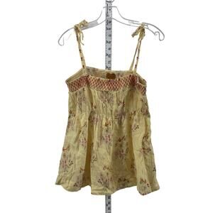 Free People Women's Yellow/Red Floral Linen Blend Ruched Bust Tank Top Size L